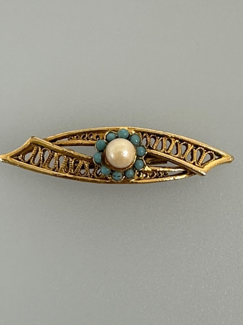 Vintage Gold and Turquoise Pearl Floral Bar Brooch - Vintage